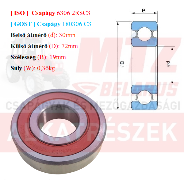 Csapágy 6306 2RS C3 GPZгпз-36 